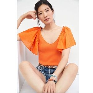 Maeve for Anthropologie Orange Flutter Sleeve Top